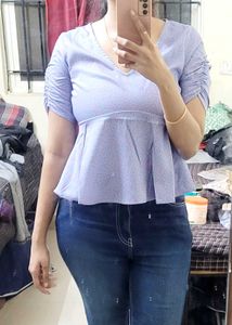 Stylish Blue Ruched Sleeve Top