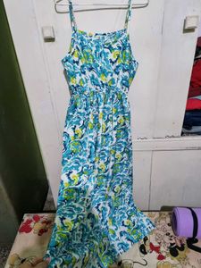 Sky Blue And Green Floral Print Dress