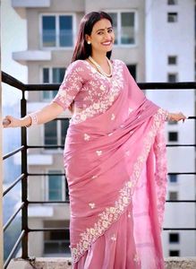 Elegant Pink Embroidered Silk Saree