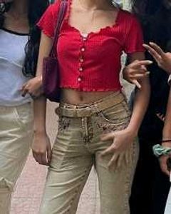 Front Frill Red Button Half Sleeve Top