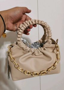 Beige Ruched Handle Chain Bag