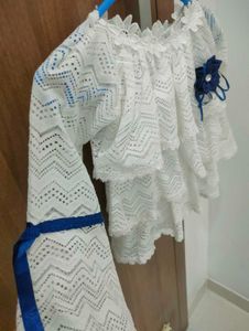Girls&#39; White Top &amp; Denim Skirt Set