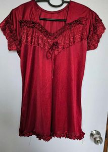 Satin Night Suit Set with Lace Details