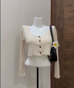 Cream Ribbed Cropped Cardigan