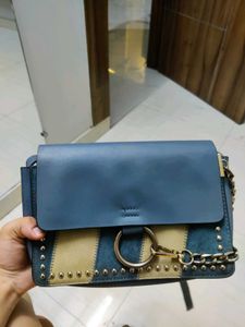 Blue & Beige Statement Sling Bag with Chain Detail