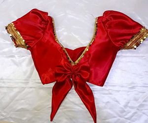 Satin Padded Lace Work Puff Sleeve Blouse