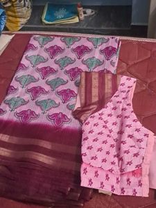 Pink Printed Saree with Blouse Piece