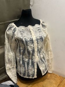 Vintage Cream Lace Blouse with Pearl Buttons