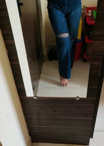 High Waist Wide Leg Straight Fit Torn Jeans(Stone Blue Colour)