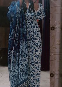 Blue Floral Anarkali Suit With Pants And Dupatta