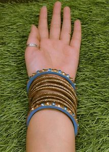 Blue &amp; Gold Beaded Bangle Set