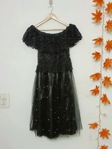 Black Net Midi Off Shoulder Dress For Women