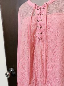 Pink Lace-Up Long Sleeve Top