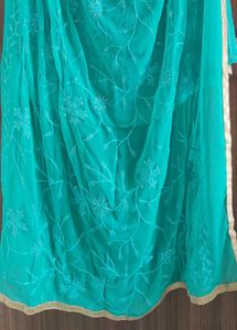Teal Embroidered Kurti Dupatta Pant Suit.