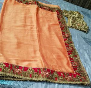 Peach And Red Beautiful Sari With Blouse