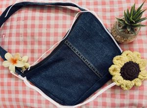 Denim Shoulder Bag with Flowers