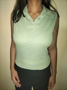 Green Sleeveless Ribbed Polo Shirt