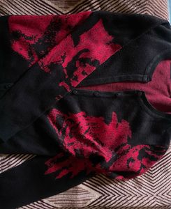Black Button Down Sweater, Red Rose Print Detail
