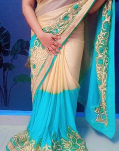 Teal &amp; Gold Embroidered Saree