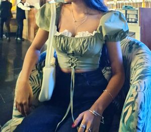 Urbanic Olive Puff Sleeve Crop Top
