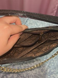 Black Faux Leather Handbag With Gold Chain
