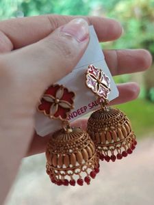 Elegant Gold &amp; Red Jhumka Earrings