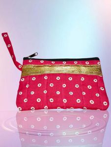 New Pink  Bandhani Print Clutch with Gold Trim