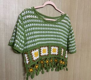 Green Crochet Boho Top with Sunflower Accents