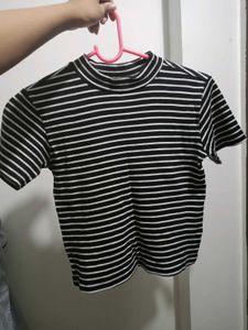 Striped Mock Neck Crop Top - Black & White