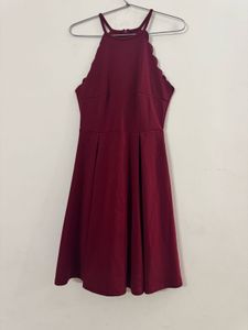 Burgundy Scalloped Halter Fit & Flare Dress