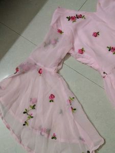 Pink Floral Embroidered Flared Sleeve Top