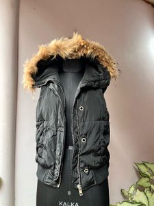Black Puffer Vest with Fur Hood