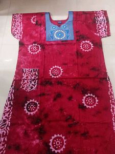 Very New Red Bhandhej Cotton Embroidery Nighty
