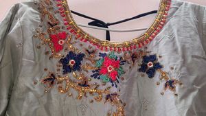 New Unused Silk Grey Embroidered Salwar Kurta
