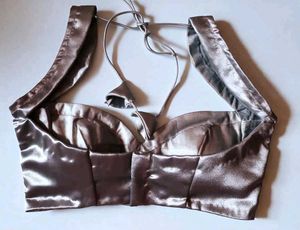 Silver Satin Padded Cut Sleeve Sweetheart Blouse