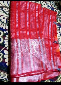 Red & Silver Striped Saree.
