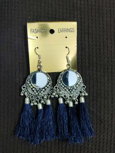 Blue Silk Tassles And Mirror Silver jhumki