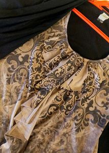 Brown Patterned Blouse with Black Cardigan