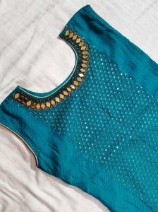 Women Teal Blue Sequence Chanderi Cotton Suit Set