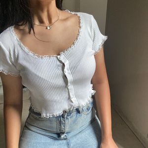 Ribbed Lace Trim Button-Up Top