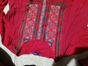 Red Embroidered Button-Down Tunic