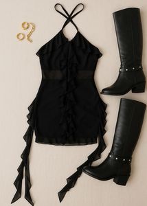 Newme~Black Halter Ruffle Tiered Dress🖤🗝️🕶️➰🕋