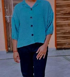 Green Puff Sleeves Boxy Shirt