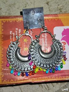 Colorful Beaded Silver Hoop Earrings