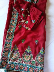 Green Embroidered Saree Maroon Embroidery Sare
