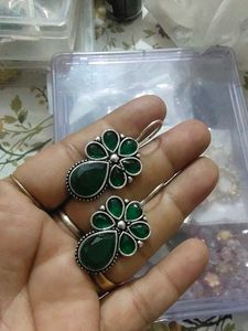 Green Stones Hook Earrings For Girls