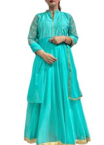 Elegant Turquoise Embroidered Anarkali With Duppat
