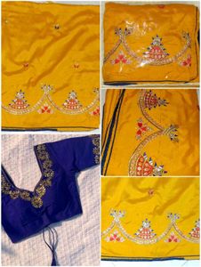 wedding wear yellow saree with nevy blouse