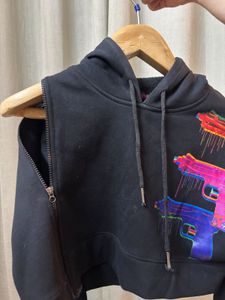 Black Printed Side Zipper Hoodie