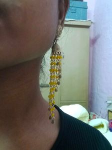 Yellow Beaded Jhumka Earrings